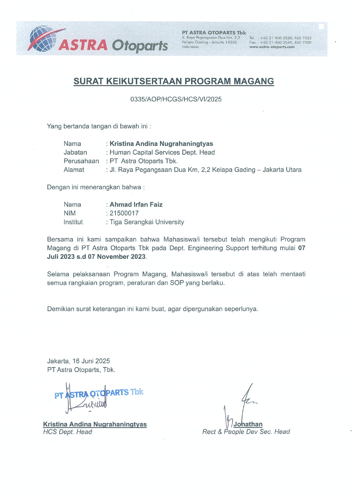 Letter of Participation in Internship Program